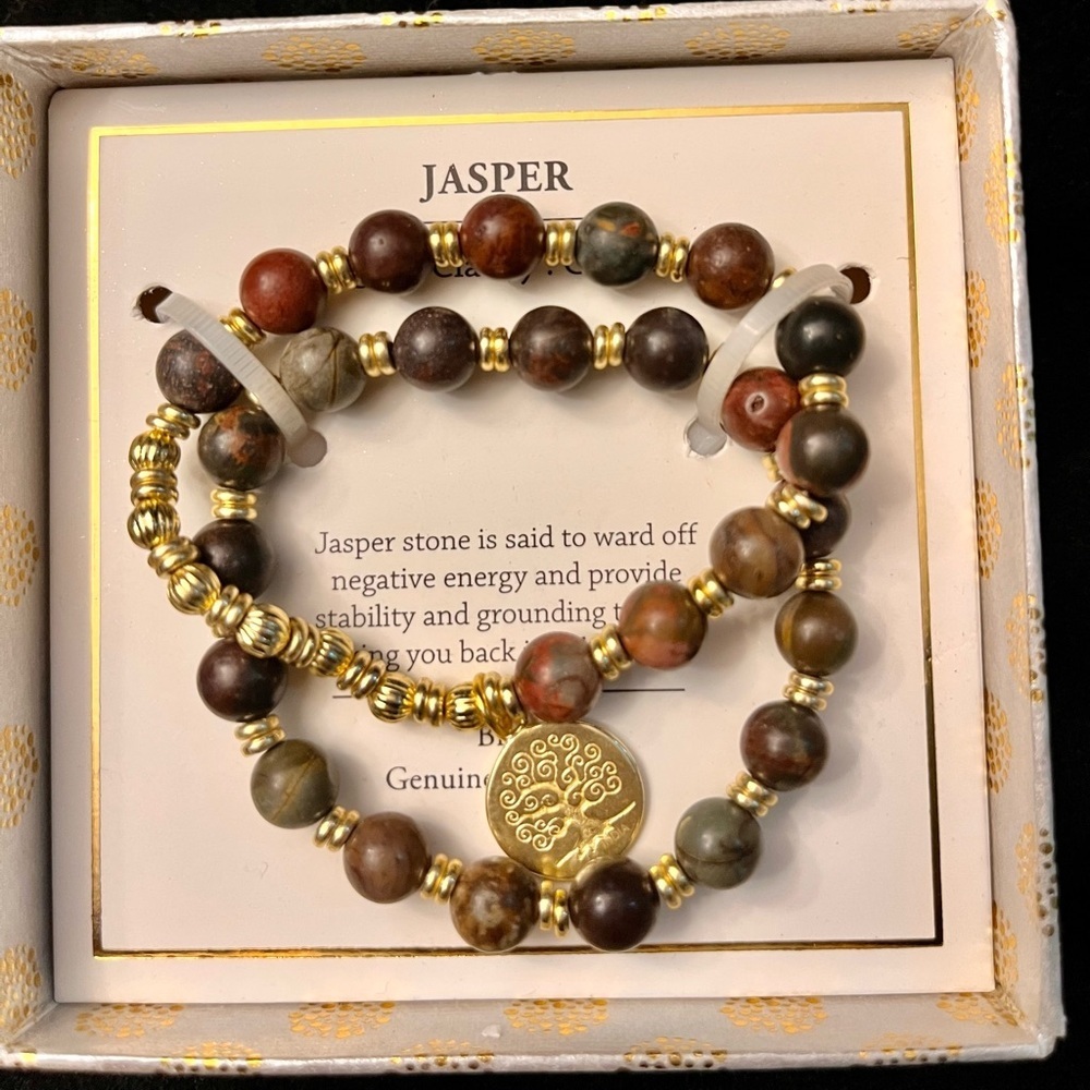 New In Box Shivam Jasper Gemstones and  Gold Tree of Life Stretch Bracelet Set